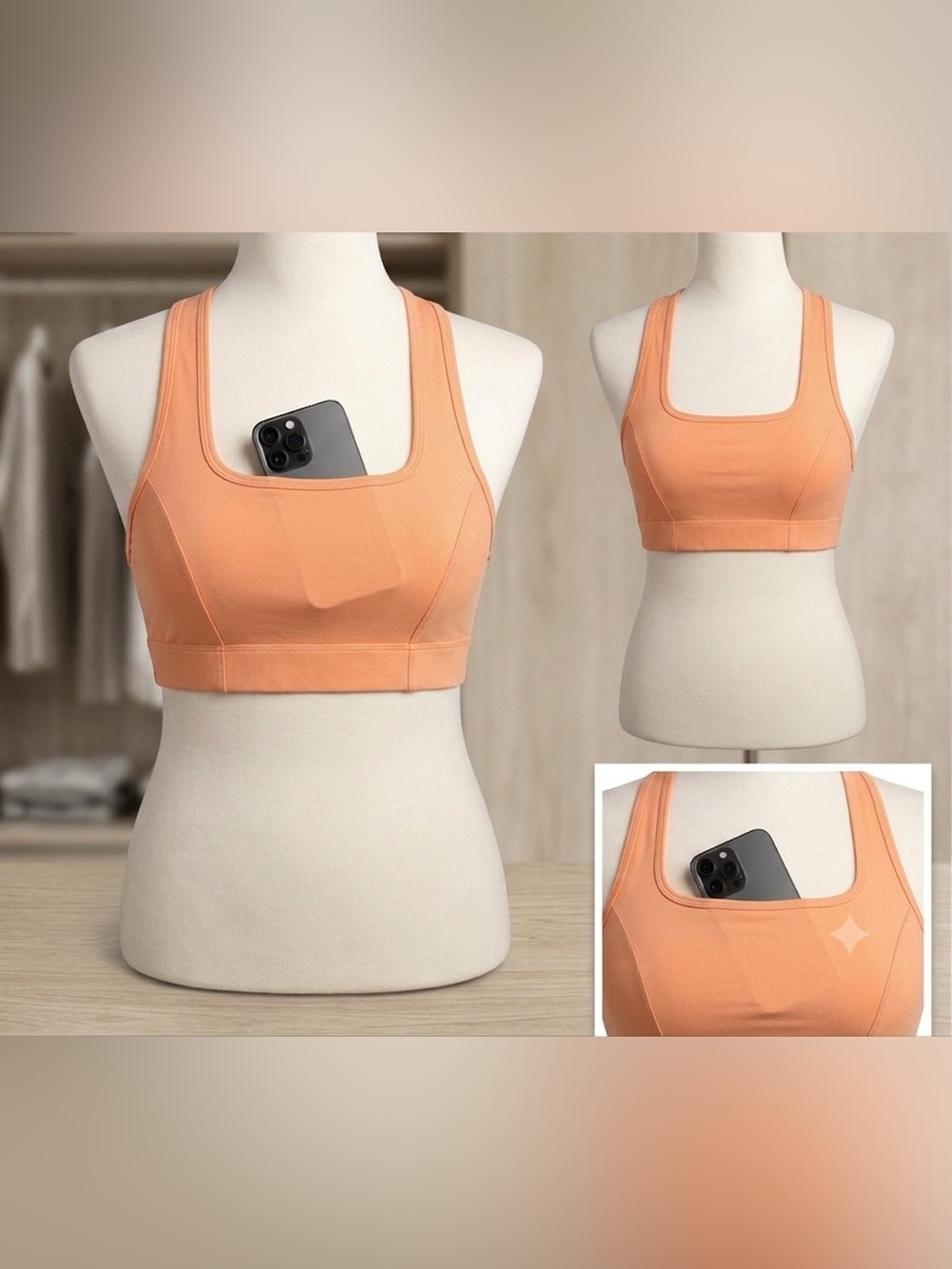 NWT Sports Bra with Front Pocket – Sustainable Material, ⁠Soft Orange, Multi-Siz